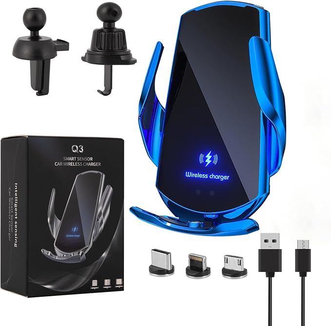 Wireless Car Charger Phone Mount 15W Fast Charging Auto Clamping Car Charger Mount Phone Holder fit for Android Smartphone(Blue)