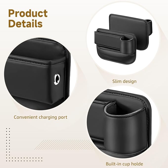 2 Pcs Car Seat Gap Filler Organizer, Black Leather Clutter Catcher with Cup Holder and Cable Hole, Car Seat Storage Pockets for Driver and Passenger Seats