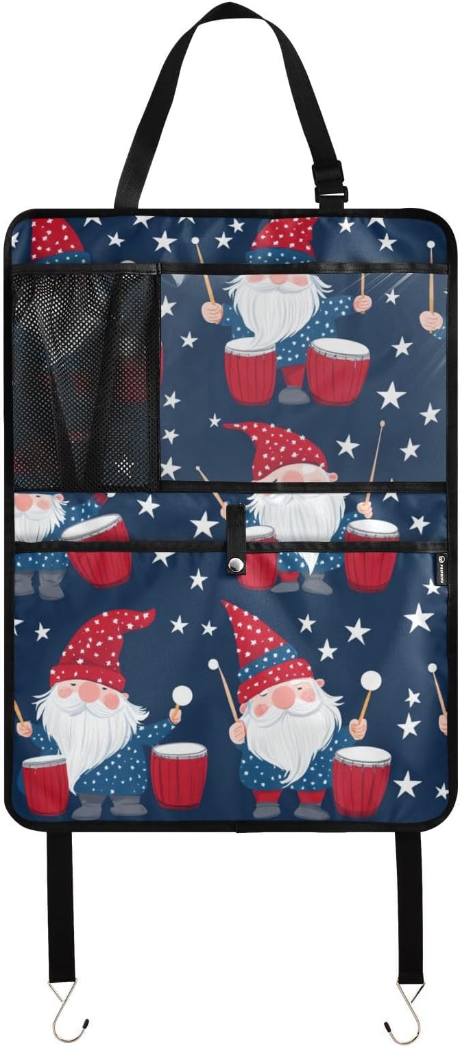 July 4th Gnomes Drum Dark Blue 2 Pack Backseat Car Organizer with Storage Pockets Seat Back Organizers for Kids Kick Mats Backseat Protector Automotive