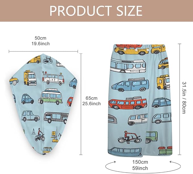 Women Bath Wrap Hair Towel Drying Cap Set Retro Cars Bus Pattern Soft Absorbent Bathrobe Shower Wraps with Adjustable Closure Spa Bath Robe