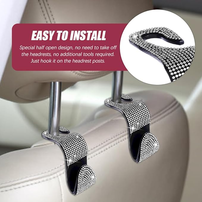 deemars 2 Pack Car Seat Headrest Hook, Bling Car Hooks Front Seat, Back Seat Organizer Hanger Storage Hook Car Purse Hook for Bags, Clothes, Coats, Grocery Bags (White)