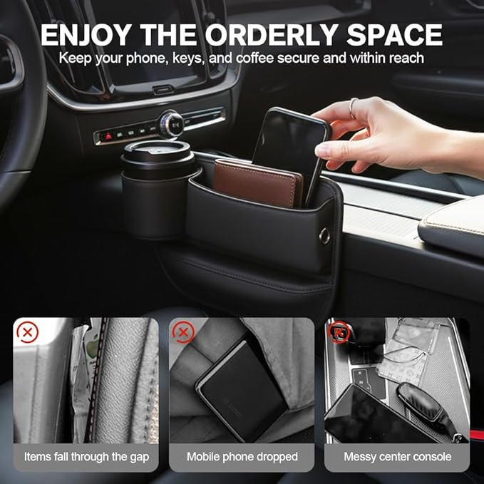 Car Leather Cup Holder Gap Bag, Adjustable Car Seat Gap Storage Box Leather with Cup Holder, for Keys, Cards, Phone, Sunglasses, Multi-Purpose Essentials Organizer (Brown, Passenger Seat)