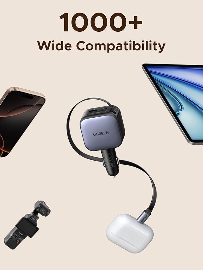 UGREEN 60W 2C1A Car Charger with Retractable Cable, 3-Port Fast Charger with 30W PD USB-C, USB-A, Cigarette Lighter Adapter for iPhone 17/16/15, Galaxy S25/S24, iPad, GPS, 12V Car Accessories