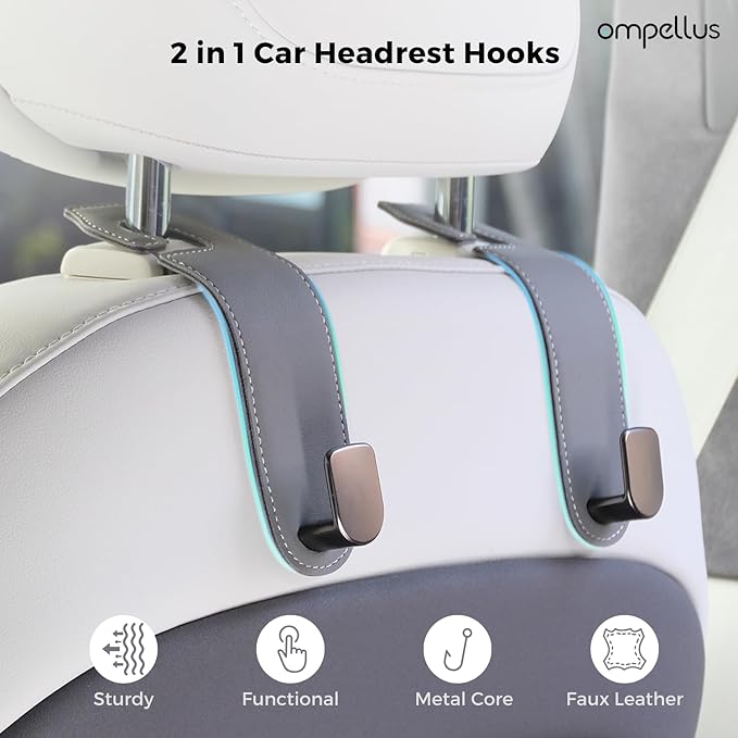 Car Headrest Hook, 2 Pack Leather Car Seat Hooks for Purses and Bags, Car Organization Accessories (Black)