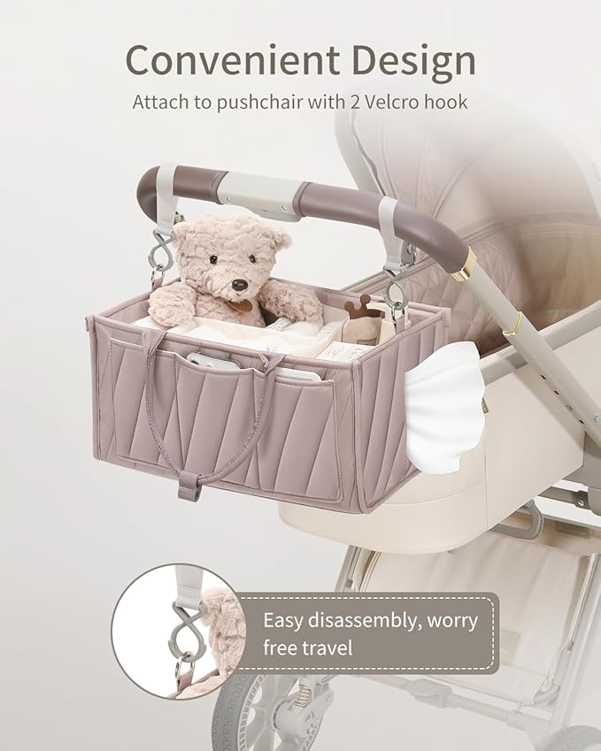 Diaper Caddy Organizer – Portable Storage Basket with Shoulder Strap & Stroller Hooks, Splashproof Quilted Nursery & Car Tote, Gender Neutral Gift for Baby Shower, Smoky Gray