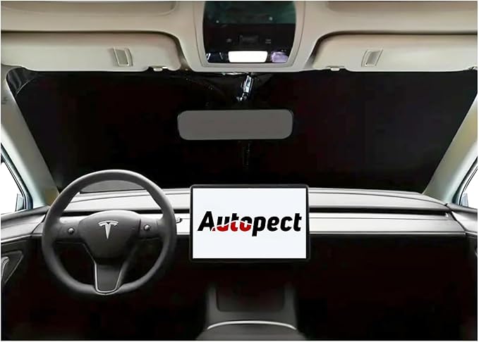 Windshield Sun Shade for Tesla Model Y & Model 3 – Custom Fit Front Window Sunshade, Blocks 99% UV & Heat, Reflective, Mirror Cut-Out Design, Foldable & Fade-Resistant, Keeps Interior Cool