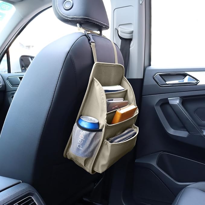 Front Seat Organizer Car Upholstery Leather Passenger Seat Storage Bag Large Durable Car Organizer with Adjustable Strap Multiple Compartments Mesh Bags Cup Holders (beige)