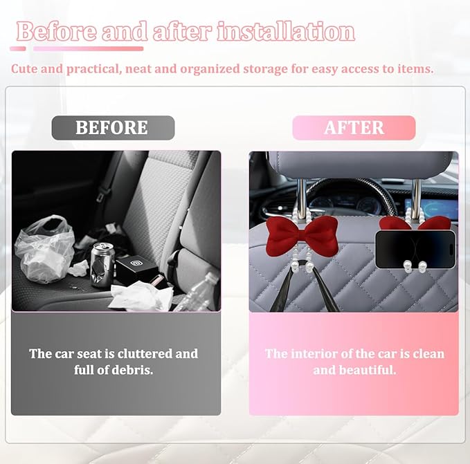 Car Seat Headrest Hook, 2PCS Elegant Bow Pearl Cute Vehicle Back Seat Hanger Hook, Automotive Headrest Storage Organizer for Handbag Purse Coat, Universal for SUV RV Truck (Red)