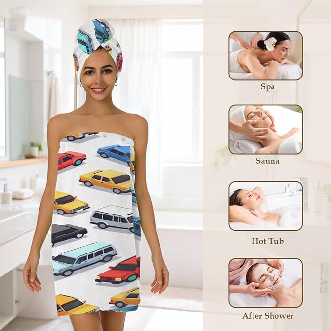 Women Bath Wrap Hair Towel Drying Cap Set Colorful Cars Pattern Soft Absorbent Bathrobe Shower Wraps with Adjustable Closure Spa Bath Robe