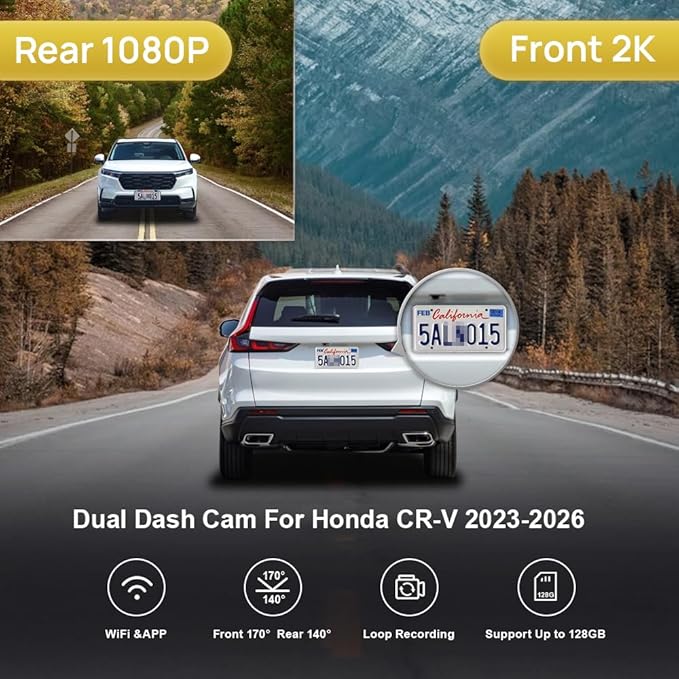 Fitcamx Front 2K+Rear 1080P Dash Cam Adapts for Honda CR-V 2023-2026 Hybrid (Black), Integrated OEM Style, Dual HD Video, Built-in WiFi & APP, Loop Recording, Gravity Sensor, Easy to Use, 64GB Card