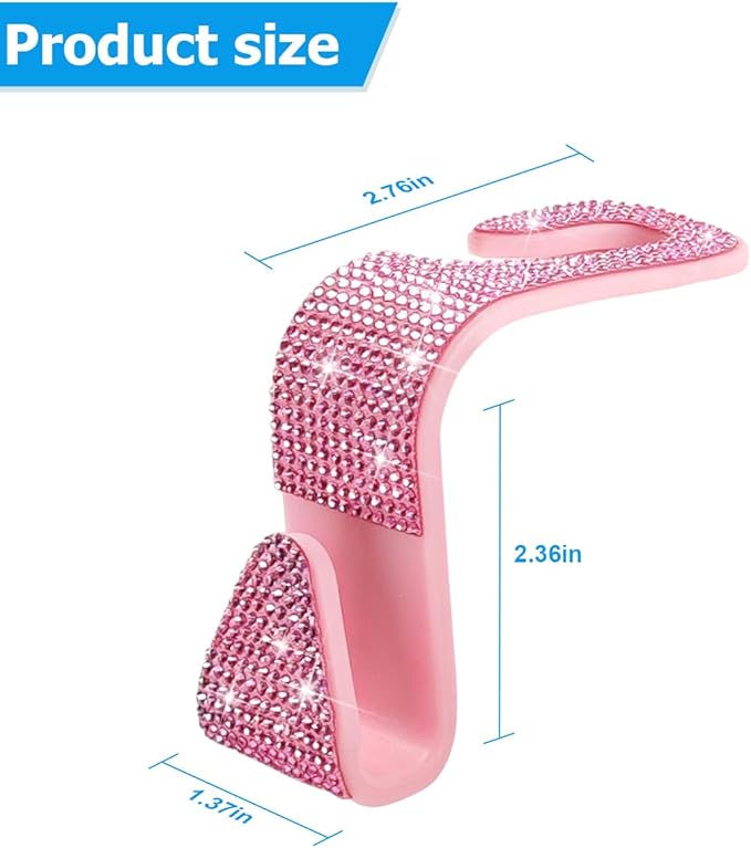 Zpana 4PCS Bling Car Seat Headrest Hooks, Vehicle Back Seat Purse Handbag Hanging Holder with Crystal Rhinestone, Diamond Storage Organizer Hook, Universal Automotive Accessories (Pink)