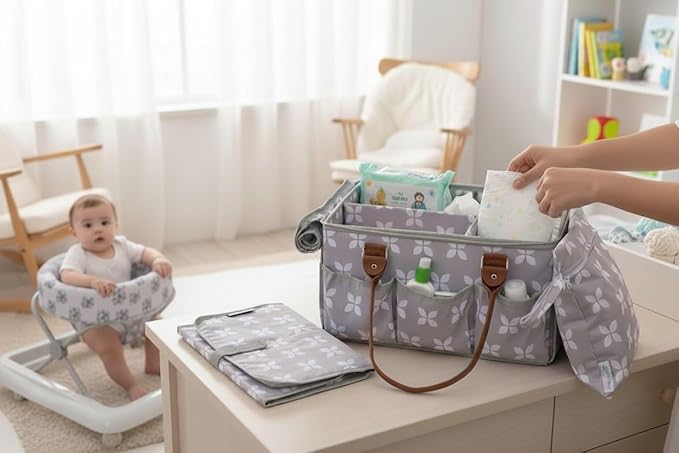 Moteph Diaper Caddy with Changing Mat, Large Baby Diaper Caddy Organizer with Lid, Portable Organizer Basket for Baby Essentials, Roll-Up Lid, Built-In Changing Mat Pocket