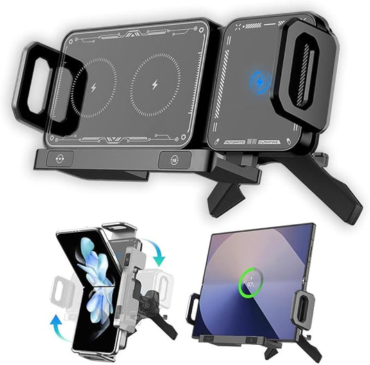 Famous Tech Shop Wireless Car Charger Mount, Car Phone Holder Charger with 15W Fast Charging, Auto Rotation & Dual Mount