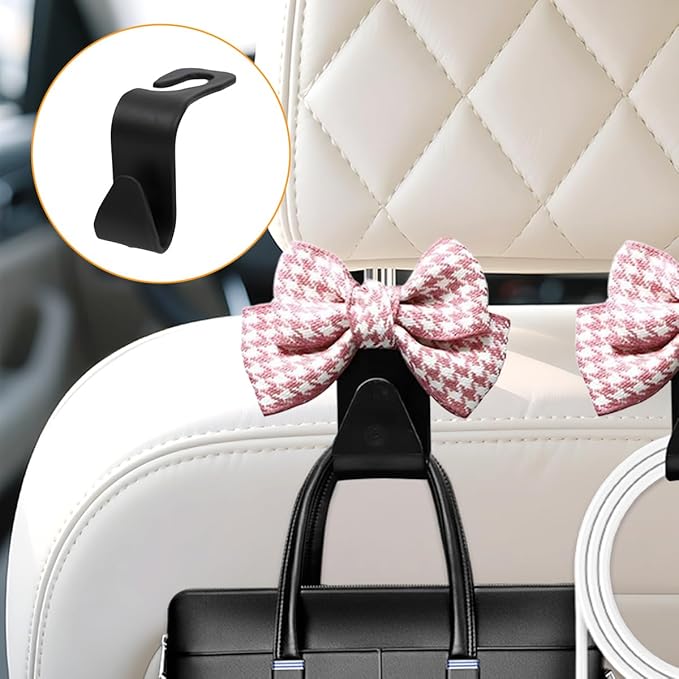 Cute Bow Car Seat Headrest Hooks, 2PCS Multifunctional Vehicle Rear Seat Hanging Hooks, Automotive Interior Seatback Storage Organizer for Purses Bags, Universal Fit (Pink/Small)