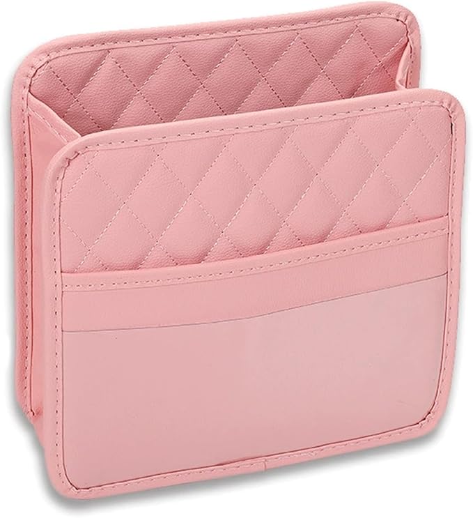 Car Seat Back Hanging Bag, PU Leather Automotive Seat Back Organizer, Multipurpose Vehicle Travel Essentials Accessories for Kids & Adults, Universal for Most Cars (Pink)