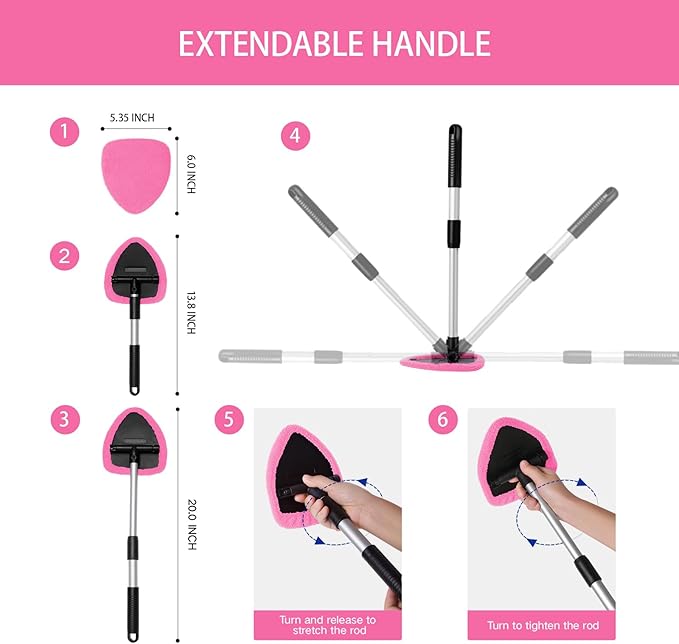 Qydipclin 10pcs Windshield Cleaning Tool Inside Car Window Cleaner Wash Kit with 4 Reusable Microfiber Pads 1 Spray Bottle and Extendable Handle Interior Auto Glass Wiper Kit, Pink