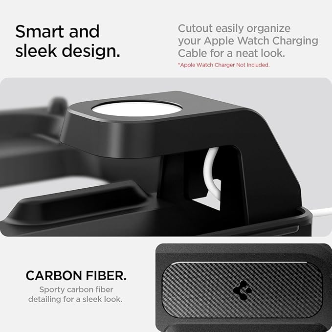 Spigen 3-in-1 Organizer Mount for Tesla Model 3 Highland (Standard, Premium & Performance 2024/25/26) (Watch Charger Not Included) - Uses Wireless Charging Pad - Charge iPhone, AirPods, Apple Watch