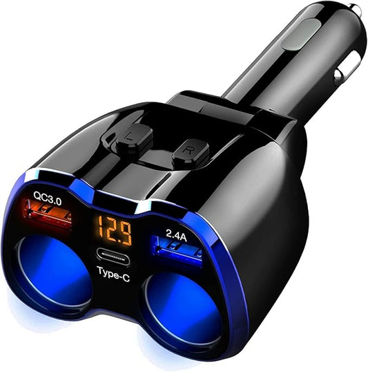 Car Charger, 150W 2-Socket Cigarette Lighter Splitter QC 3.0 Dual USB Ports 1 USB C Fast Car Adapter with Separate Switch LED Voltmeter Replaceable 15A Fuse for GPS/Dash Cam/Phone/iPad
