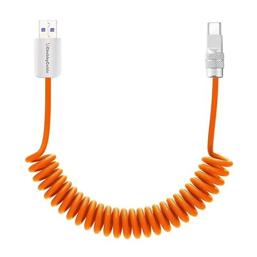 chubbycable Curly Chubby 120W Coiled USB C Fast Charging Cable Durable Braided Charger Cord for Car Compatible with iPhone 17-15 Series iPad, Orange, USB-A to Type-C, 2.13FT-6.56FT