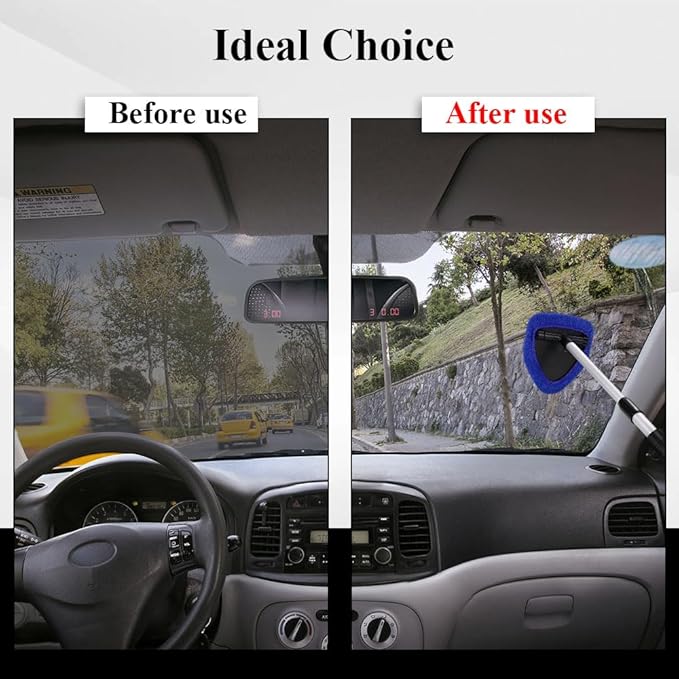 Windshield Cleaning Tool, Car Window Cleaner, Windshield Cleaner with 4 Washable Reusable Microfiber Pads and Extendable Handle, Auto Glass Wiper Cleaning Kit Universal for Car (Blue)