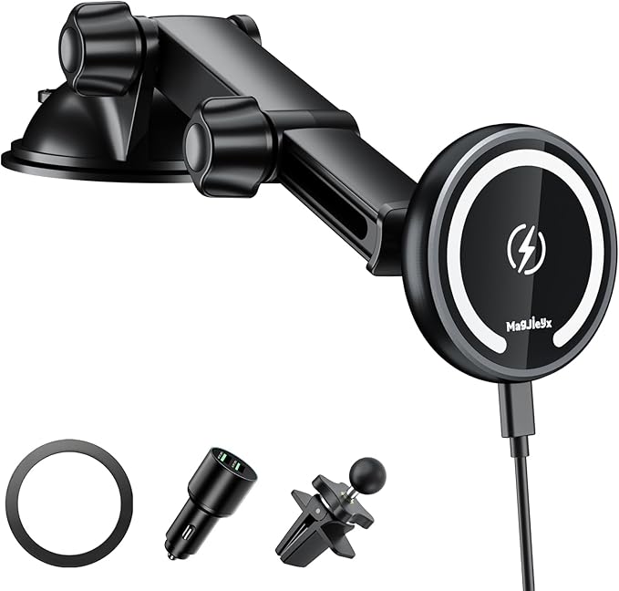 MAGJIEYX for Magnetic Magsafe Car Mount Charger, Wireless Car Charger with QC3.0 Adapter(38W Max) Phone Holder Fits iPhone17/16/15/14/13Plus/MagSafe Case,Dash/Vent/Windshield(Black)