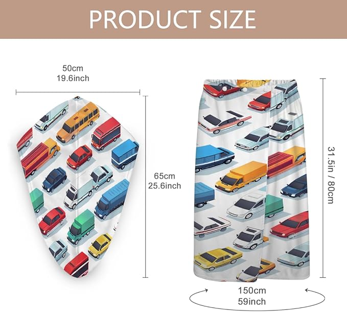 Women Bath Wrap Hair Towel Drying Cap Set Colorful Cars Trucks Pattern Soft Absorbent Bathrobe Shower Wraps with Adjustable Closure Spa Bath Robe