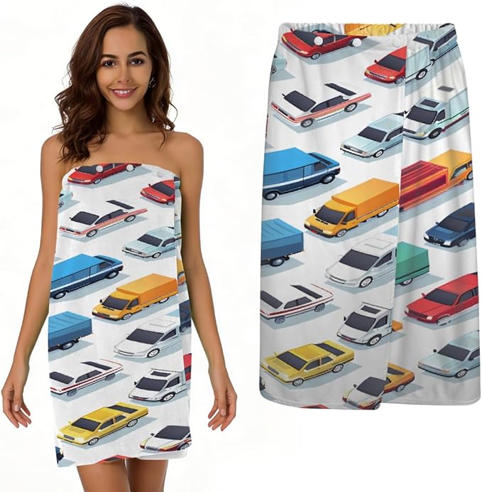Women's Bath Wrap Colorful Cars Trucks Pattern Absorbent Shower Spa Body Bath Robe Wraps Bathrobe Towel with Adjustable Closure