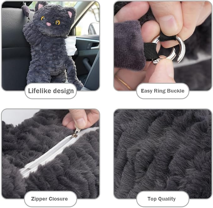 Tissue Box Cover Plush Tissue Box Holder for Car, Home, Decorative Holder/Organizer for Bathroom Vanity Countertop, Nightstands, Office Desk-Cat