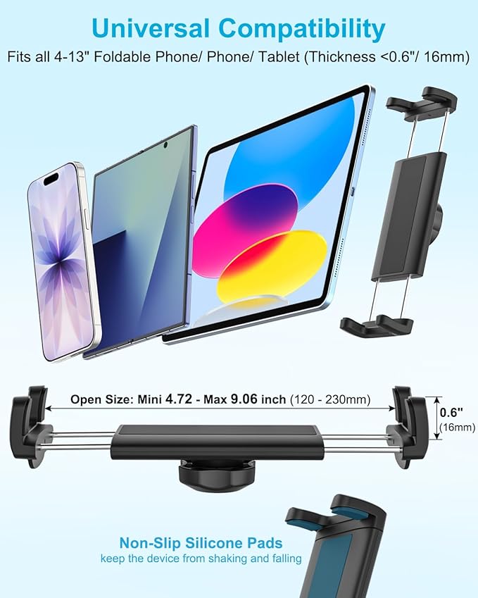 Z Fold Car Holder, [Super Suction Cup] Dashboard Windshield Mount for Foldable Phone, 360° Metal Arm Truck Tablet Phone Stand for Galaxy Z Fold 7 6 5 4 3 2, Pixel Fold, Galaxy Tab, 4-13" Device