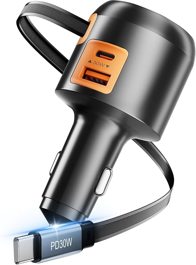 XXZU 60W 3 in 1 Retractable Car Charger, USB C & USB A 3-Port Cigarette Lighter Adapter,Fast Charging Charger Compatible with iPhone 17/16/15/14/13/12/11,iPad,Galaxy,Pixel,Android