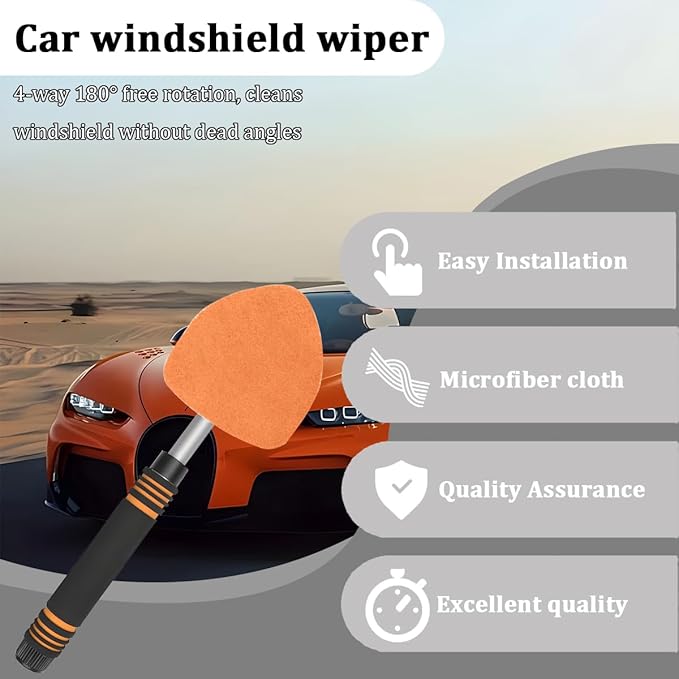 HZEL Car Windshield Cleaner Tool with Extendable Handle, Vehicle Glass Wiper Window Cleaning Tool with 2 Reusable Microfiber Pad, Auto Windscreen Detailing Cleaner Kit, Universal Fit (Triangle Orange)