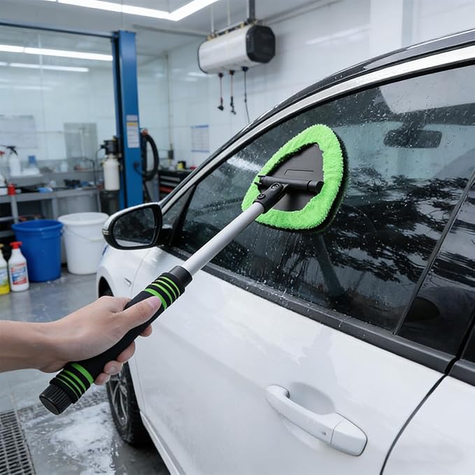 HZEL Car Windshield Cleaner Tool with Extendable Handle, Vehicle Glass Wiper Window Cleaning Tool with 2 Reusable Microfiber Pad, Auto Windscreen Detailing Cleaner Kit, Universal Fit (Triangle Green)