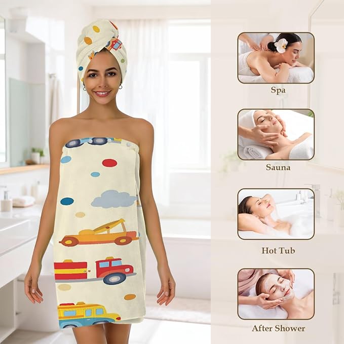 Women Bath Wrap Hair Towel Drying Cap Set Colored Trucks Cars Polka Dots Soft Absorbent Bathrobe Shower Wraps with Adjustable Closure Spa Bath Robe