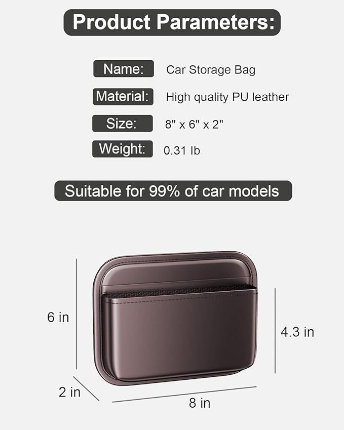 Driver's Car Storage Bag, Small Car Side Pocket Organizer for Car Seats, Doors and Consoles, PU Leather (Brown)