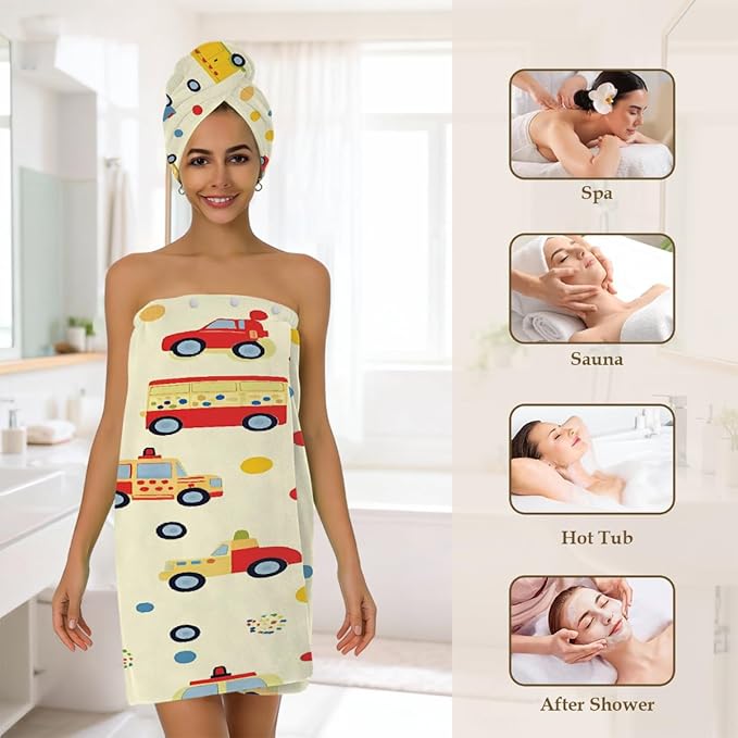 Women Bath Wrap Hair Towel Drying Cap Set Colorful Cars Bus Polka Dot Soft Absorbent Bathrobe Shower Wraps with Adjustable Closure Spa Bath Robe