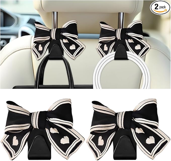 Cute Bow Car Seat Headrest Hooks, 2PCS Multifunctional Vehicle Rear Seat Hanging Hook, Automotive Interior Seatback Storage Organizer for Purses Ba, Universal for SUV Sedan Truck (Black/White)