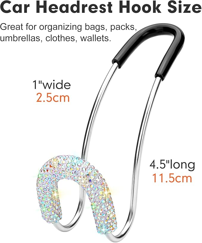 Soleebee 2 Pack Bling Car Headrest Hooks Crystal Rhinestones Universal Car Seat Hook Auto Hook Durable Car Back Seat Hangers Storage Organizer (AB Color)