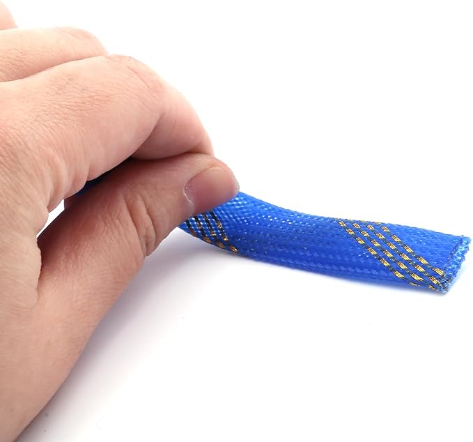 Aicosineg Cable Sleeve Braided Sleeving PET Wire Loom Tubing Cable 32.81ft-4/9inch Wrap Protector for HiFi Audio and Video Headphone Cable Protect Wires from Chewing of Pets Blue and Gold