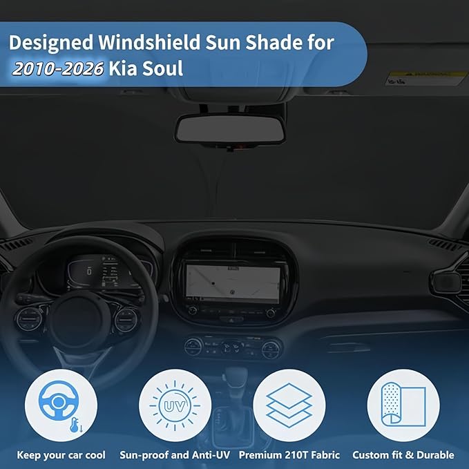 Custom Fit Kia Soul Sun Shade Windshield Sunshade Window Cover, Front Window Shade Sun Visor for Kia Soul 2010-2026, 4 Layers UV Protector Foldable Car Accessories Shield Shade