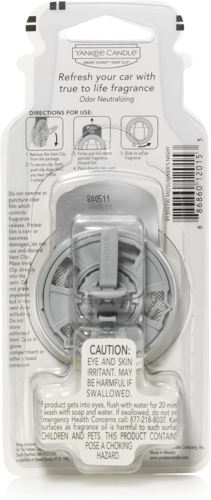 Yankee Candle Smart Scent Vent Clip Car Air Freshener, Odor Neutralizing Car Fragrance, Midsummer's Night (Pack of 1)