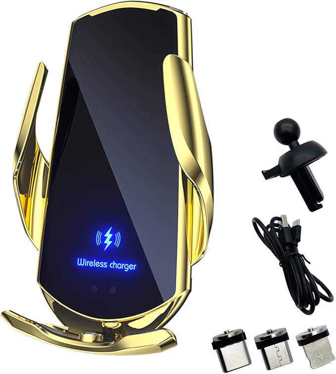 Wireless Car Charger Automotive Electric Induction 15W Wireless Charger Car Vent Mount Bracket Fast Charging Auto-Clamping Car Phone Holder Mount Air Vent Phone Holde (Gold)