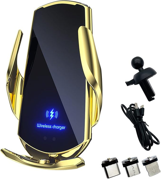Wireless Car Charger Automotive Electric Induction 15W Wireless Charger Car Vent Mount Bracket Fast Charging Auto-Clamping Car Phone Holder Mount Air Vent Phone Holde (Gold)