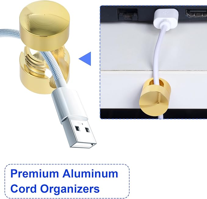 SmallCat 6 Sets Charger Holders for Cords, Gold Adjustable Cable Anchor Holders, Adhesive Metal Cord Clips, Cable Management Wire Organizers for Desk, Office, Nightstand