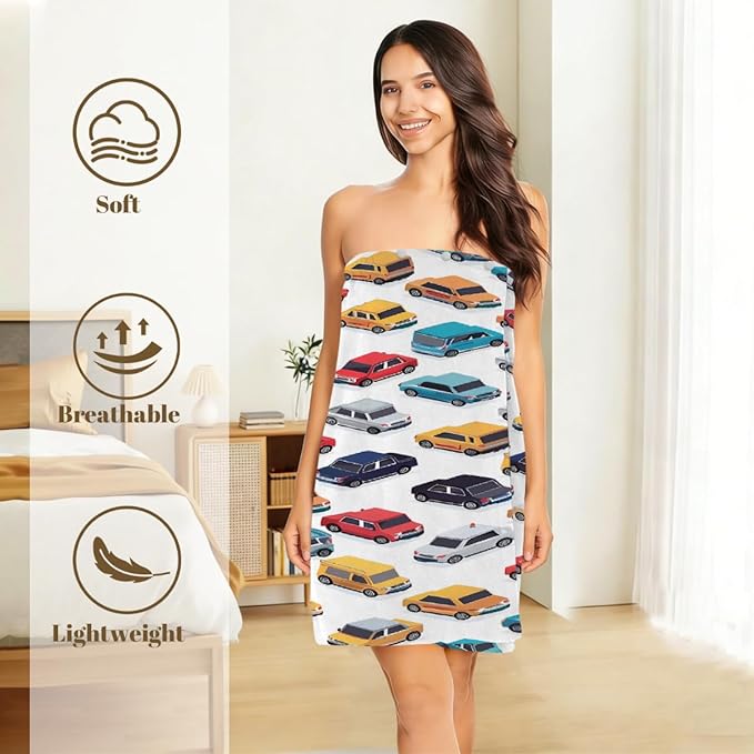 Women's Bath Wrap Colorful Cars Pattern Print Absorbent Shower Spa Body Bath Robe Wraps Bathrobe Towel with Adjustable Closure