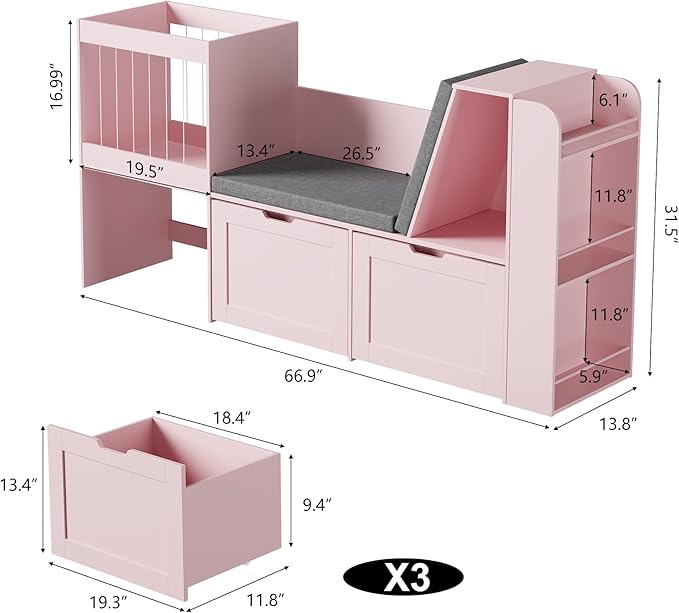 66.9" Kids Reading Nook, Toy Storage Organizer with Stuffed Animal Storage, Bench and Removable Cushions, Wooden Toddler Bookshelf with 3 Movable Drawers for Nursery, Playroom (Pink)