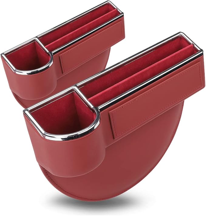 SANRILY 2 Pack Car Seat Gap Filler Organizer with Cup Holder Universal Fashion PU Leather Multifunctional Car Center Console Organizer with USB Hole Red