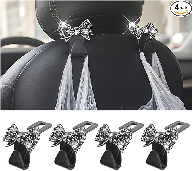 Zpana Bling Car Headreat Hook, 2PCS Crystal Rhinestone Cute Bow Vehicle Seat Back Hanger Storage for Purses Bags Grocery, Diamond Auto Rear Seat Organizer, Universal for SUV Truck Sedan (Pink)