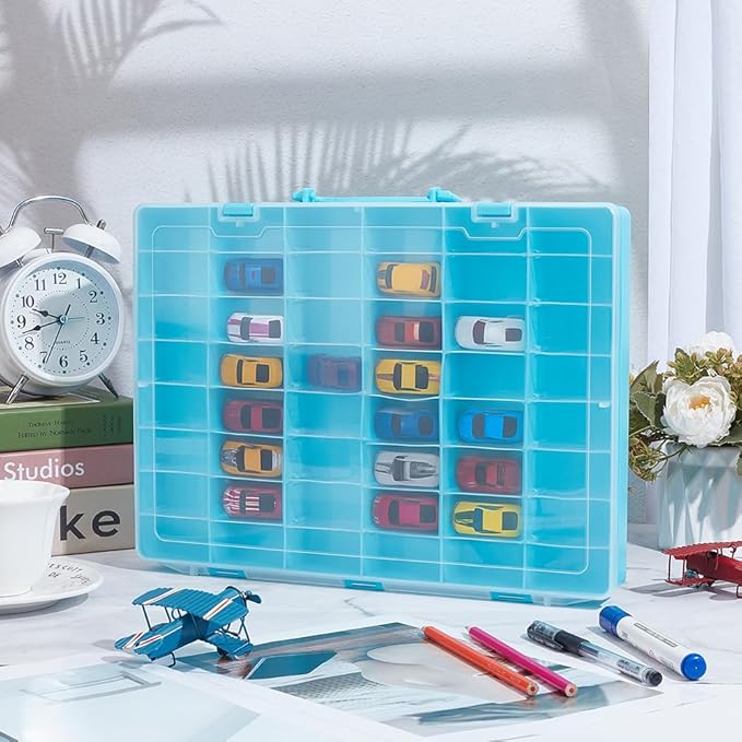 CUTHOLLOW Toy Car Storage Organizer - with 48 Compartments and Adjustable Dividers, Portable Mini Toy Model Cars Display Case Holder for Car Collection, Blue