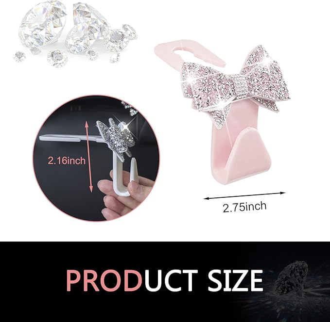 2 PCS Bling Bow Car Seat Headrest Hooks, S Type Crystal Seat Back Hangers, Universal Vehicle Storage Organizer for Handbag, Purse, Coat, Grocery Bags (Pink)