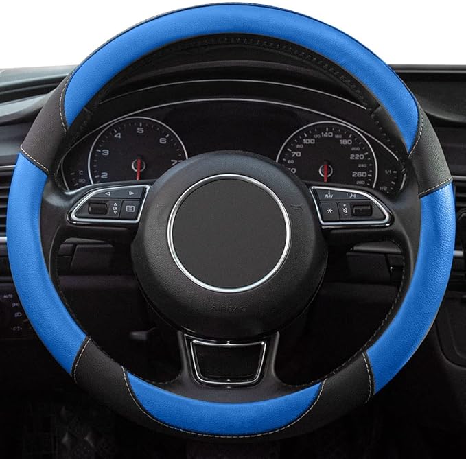 Xizopucy Black and Blue Microfiber Leather Steering Wheel Cover，Universal 15 inch Steering Wheel Covers for Car Truck SUV，Breathable, Anti Slip & Odor Free(Black+Blue)…